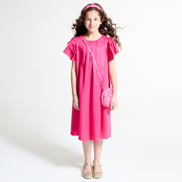 فستان سادة بأكمام قصيرة مكشكشة وردي اللون للفتيات